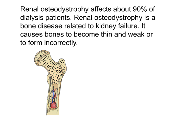 Renal osteodystrophy affects about 90% of dialysis patients. Renal osteodystrophy is a bone disease related to kidney failure. It causes bones to become thin and weak or to form incorrectly.