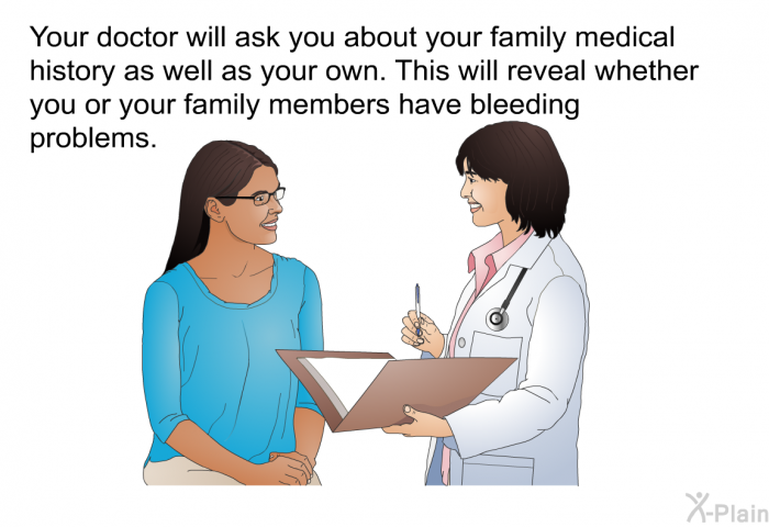 Your doctor will ask you about your family medical history as well as your own. This will reveal whether you or your family members have bleeding problems.