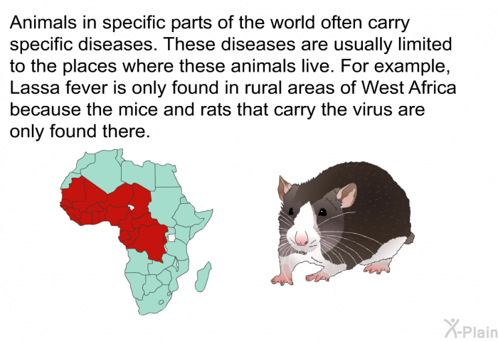 Animals in specific parts of the world often carry specific diseases. These diseases are usually limited to the places where these animals live. For example, Lassa fever is only found in rural areas of West Africa because the mice and rats that carry the virus are only found there.