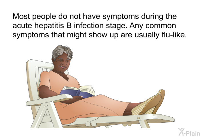 Most people do not have symptoms during the acute hepatitis B infection stage. Any common symptoms that might show up are usually flu-like.