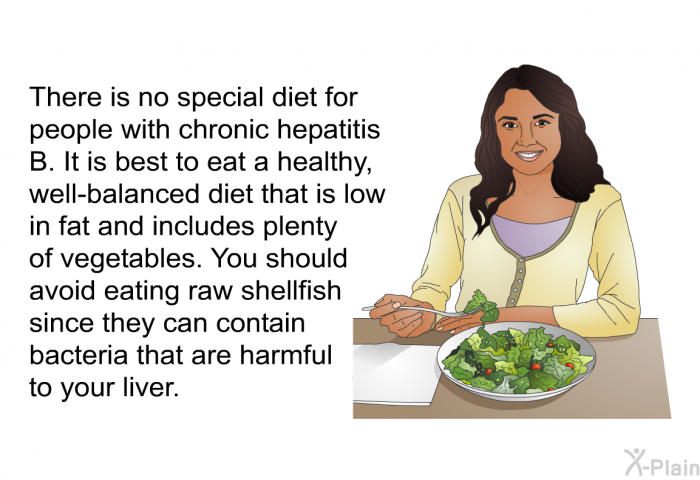 There is no special diet for people with chronic hepatitis B. It is best to eat a healthy, well-balanced diet that is low in fat and includes plenty of vegetables. You should avoid eating raw shellfish since they can contain bacteria that are harmful to your liver.