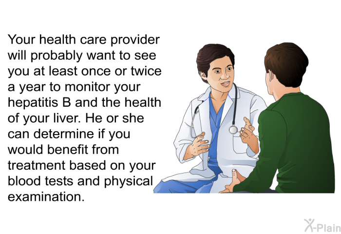 Your health care provider will probably want to see you at least once or twice a year to monitor your hepatitis B and the health of your liver. He or she can determine if you would benefit from treatment based on your blood tests and physical examination.