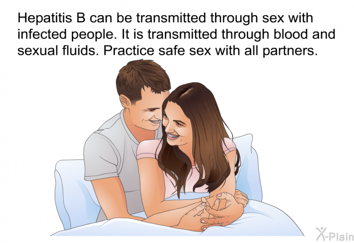 Hepatitis B can be transmitted through sex with infected people. It is transmitted through blood and sexual fluids. Practice safe sex with all partners.