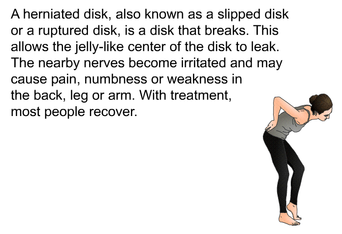 A herniated disk, also known as a slipped disk or a ruptured disk, is a disk that breaks. This allows the jelly-like center of the disk to leak. The nearby nerves become irritated and may cause pain, numbness or weakness in the back, leg or arm. With treatment, most people recover.