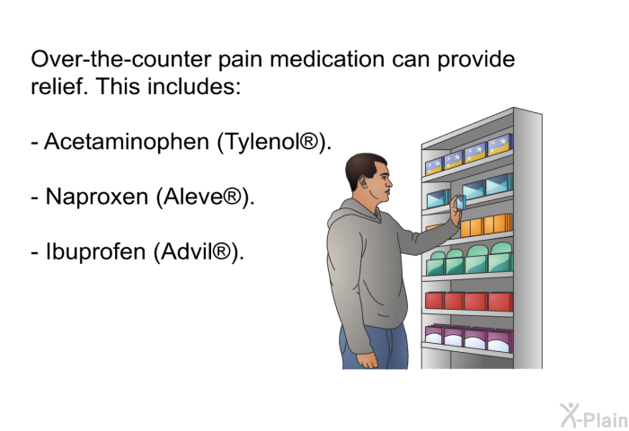 Over-the-counter pain medication can provide relief. This includes:  Acetaminophen (Tylenol ). Naproxen (Aleve ). Ibuprofen (Advil ).