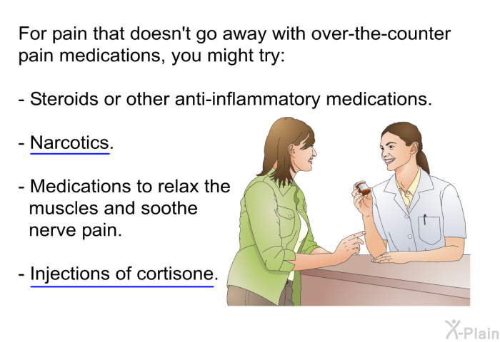 For pain that doesn't go away with over-the-counter pain medications, you might try:  Steroids or other anti-inflammatory medications. Narcotics. Medications to relax the muscles and soothe nerve pain. Injections of cortisone.