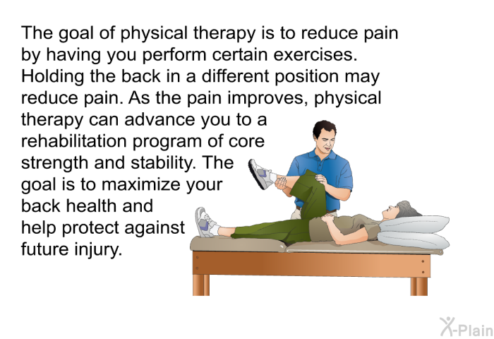 The goal of physical therapy is to reduce pain by having you perform certain exercises. Holding the back in a different position may reduce pain. As the pain improves, physical therapy can advance you to a rehabilitation program of core strength and stability. The goal is to maximize your back health and help protect against future injury.