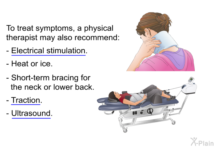 To treat symptoms, a physical therapist may also recommend:  Electrical stimulation. Heat or ice. Short-term bracing for the neck or lower back. Traction. Ultrasound.