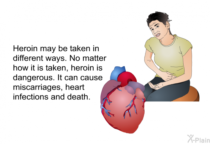 Heroin may be taken in different ways. No matter how it is taken, heroin is dangerous. It can cause miscarriages, heart infections and death.