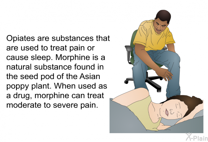 Opiates are substances that are used to treat pain or cause sleep. Morphine is a natural substance found in the seed pod of the Asian poppy plant. When used as a drug, morphine can treat moderate to severe pain.