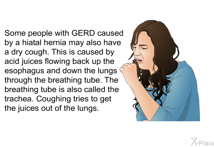Some people with GERD caused by a hiatal hernia may also have a dry cough. This is caused by acid juices flowing back up the esophagus and down the lungs through the breathing tube. The breathing tube is also called the trachea. Coughing tries to get the juices out of the lungs.