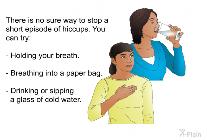 There is no sure way to stop a short episode of hiccups. You can try:  Holding your breath. Breathing into a paper bag. Drinking or sipping a glass of cold water.