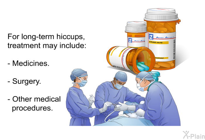 For long-term hiccups, treatment may include:  Medicines. Surgery. Other medical procedures.