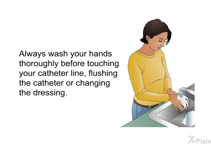 Always wash your hands thoroughly before touching your catheter line, flushing the catheter or changing the dressing.