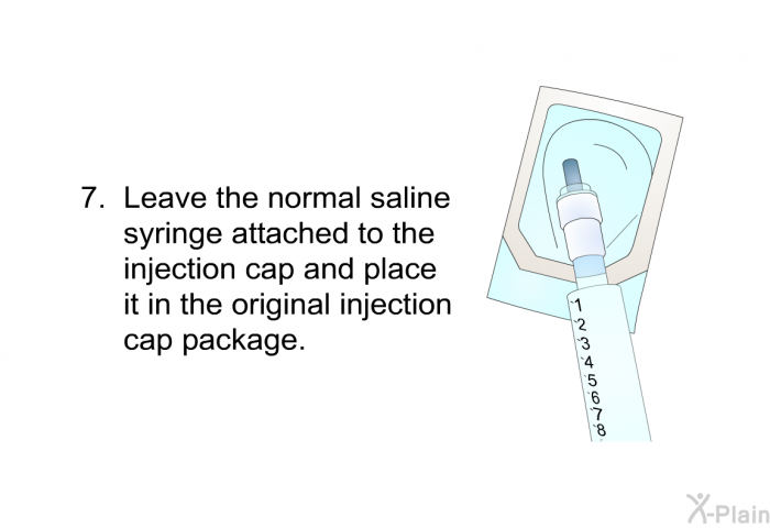 Leave the normal saline syringe attached to the injection cap and place it in the original injection cap package.
