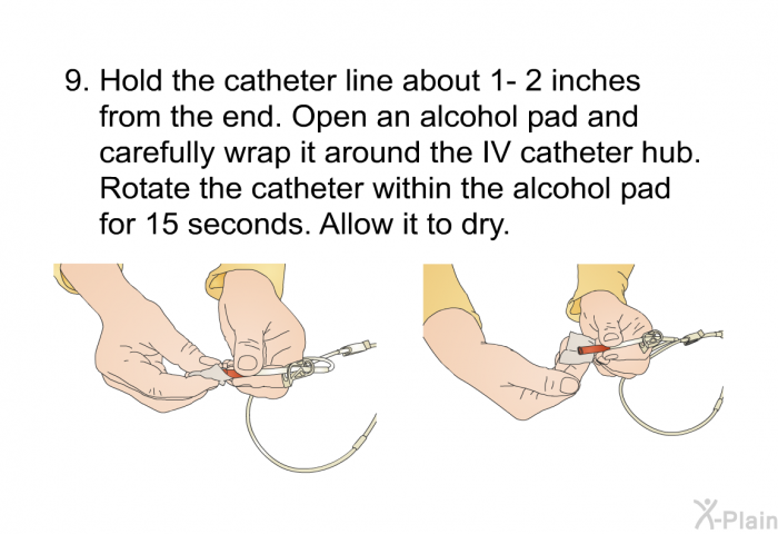 Hold the catheter line about 1- 2 inches from the end. Open an alcohol pad and carefully wrap it around the IV catheter hub. Rotate the catheter within the alcohol pad for 15 seconds. Allow it to dry.