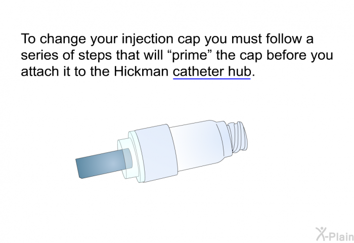 To change your injection cap you must follow a series of steps that will &ldquo;prime&rdquo; the cap before you attach it to the Hickman catheter hub.
