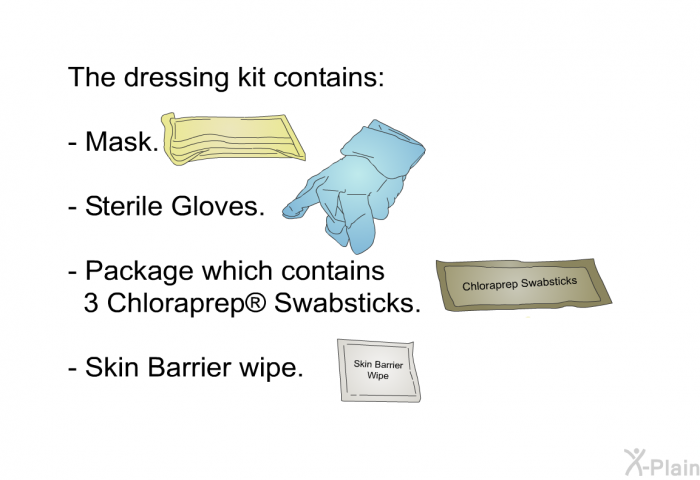 The dressing kit contains:  Mask. Sterile Gloves. Package which contains 3 Chloraprep  Swabsticks. Skin Barrier wipe.