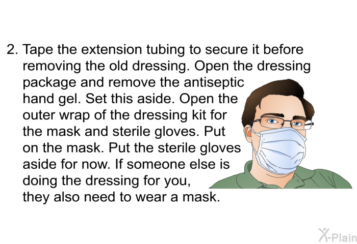 Tape the extension tubing to secure it before removing the old dressing. Open the dressing package and remove the antiseptic hand gel. Set this aside. Open the outer wrap of the dressing kit for the mask and sterile gloves. Put on the mask. Put the sterile gloves aside for now. If someone else is doing the dressing for you, they also need to wear a mask.