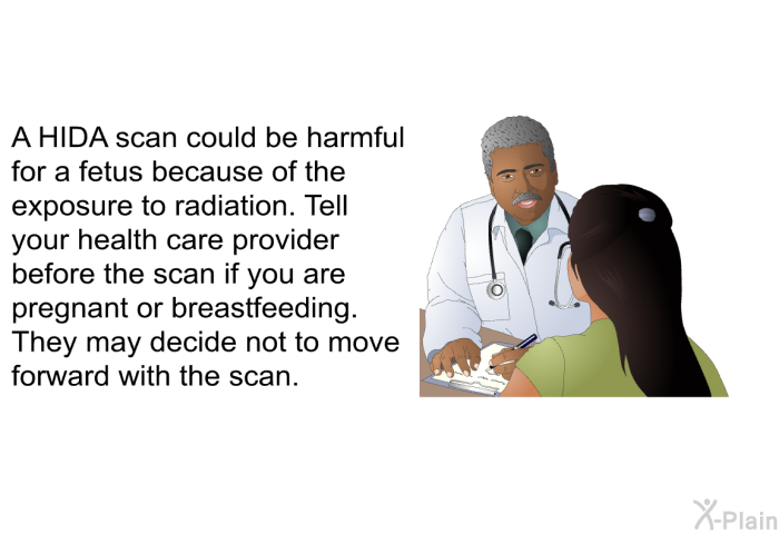 A HIDA scan could be harmful for a fetus because of the exposure to radiation. Tell your health care provider before the scan if you are pregnant or breastfeeding. They may decide not to move forward with the scan.