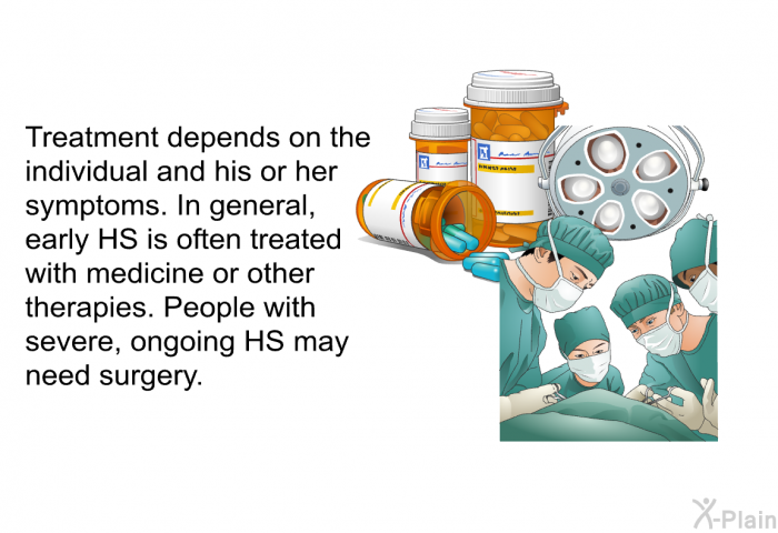 Treatment depends on the individual and his or her symptoms. In general, early HS is often treated with medicine or other therapies. People with severe, ongoing HS may need surgery.