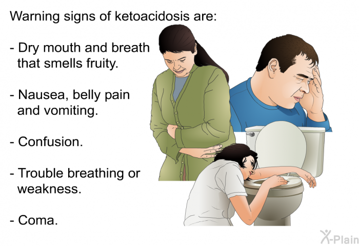 Warning signs of ketoacidosis are:  Dry mouth and breath that smells fruity. Nausea, belly pain and vomiting. Confusion. Trouble breathing or weakness. Coma.