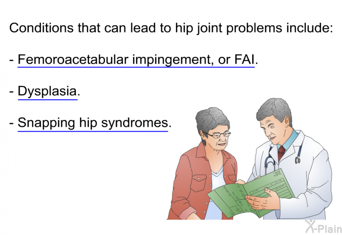 Conditions that can lead to hip joint problems include:  Femoroacetabular impingement, or FAI. Dysplasia. Snapping hip syndromes.