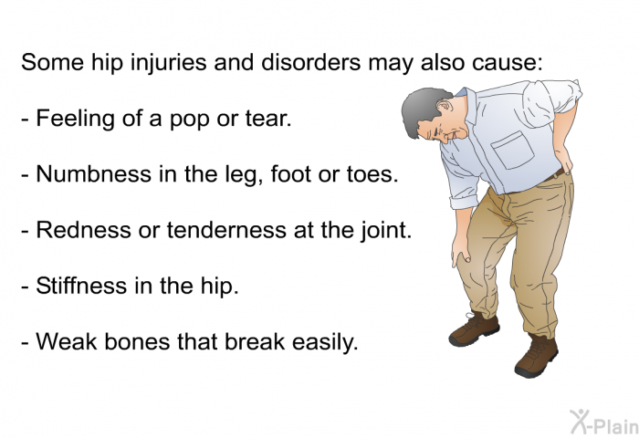 Some hip injuries and disorders may also cause:  Feeling of a pop or tear. Numbness in the leg, foot or toes. Redness or tenderness at the joint. Stiffness in the hip. Weak bones that break easily.