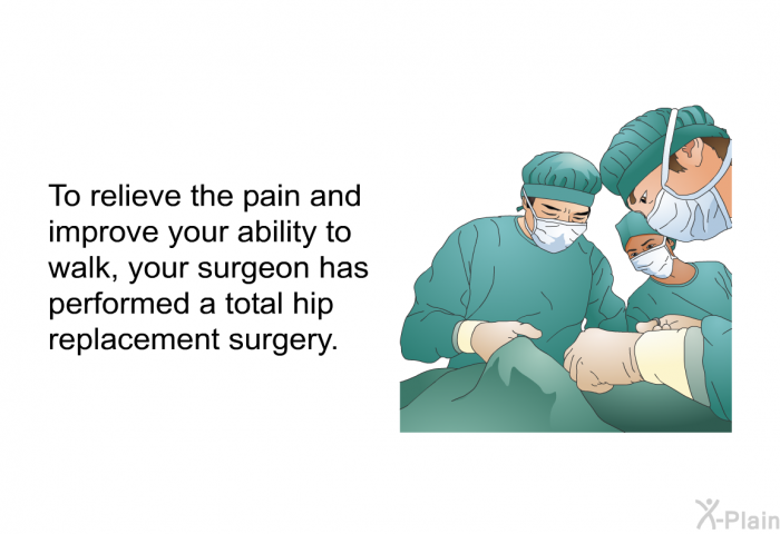 To relieve the pain and improve your ability to walk, your surgeon has performed a total hip replacement surgery.