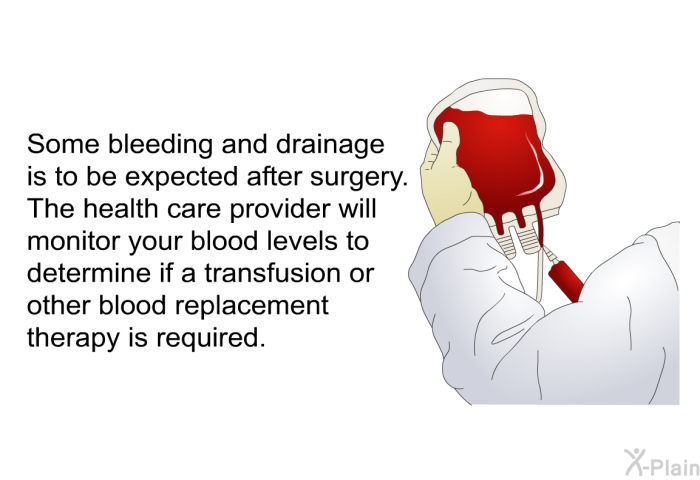 Some bleeding and drainage is to be expected after surgery. The health care provider will monitor your blood levels to determine if a transfusion or other blood replacement therapy is required.