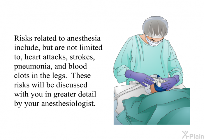 Risks related to anesthesia include, but are not limited to, heart attacks, strokes, pneumonia, and blood clots in the legs. These risks will be discussed with you in greater detail by your anesthesiologist.