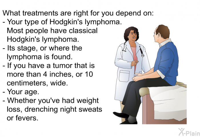 What treatments are right for you depend on:  Your type of Hodgkin's lymphoma. Most people have classical Hodgkin's lymphoma. Its stage, or where the lymphoma is found. If you have a tumor that is more than 4 inches, or 10 centimeters, wide. Your age. Whether you've had weight loss, drenching night sweats or fevers.