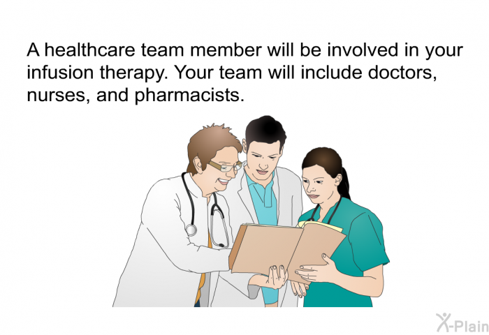 A healthcare team member will be involved in your infusion therapy. Your team will include doctors, nurses, and pharmacists.