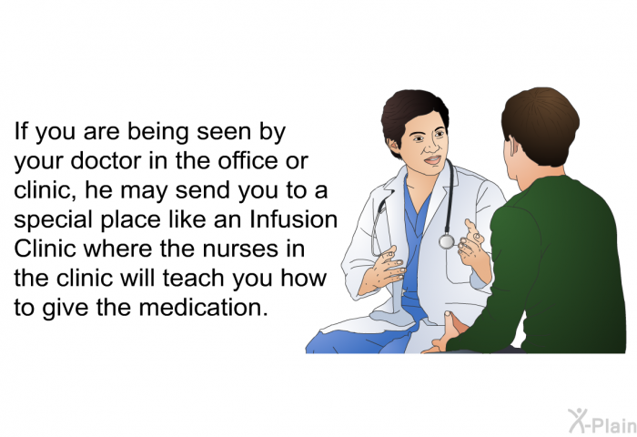 If you are being seen by your doctor in the office or clinic, he may send you to a special place like an Infusion Clinic where the nurses in the clinic will teach you how to give the medication.