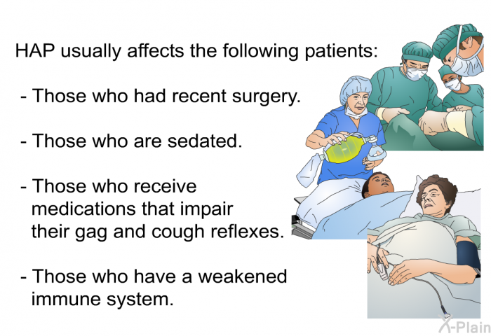 HAP usually affects the following patients:  Those who had recent surgery. Those who are sedated. Those who receive medications that impair their gag and cough reflexes. Those who have a weakened immune system.