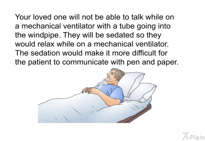Your loved one will not be able to talk while on a mechanical ventilator with a tube going into the windpipe. They will be sedated so they would relax while on a mechanical ventilator. The sedation would make it more difficult for the patient to communicate with pen and paper.