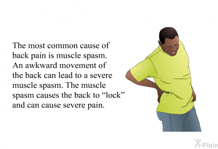The most common cause of back pain is muscle spasm. An awkward movement of the back can lead to a severe muscle spasm. The muscle spasm causes the back to “lock” and can cause severe pain.