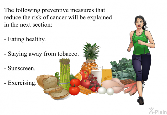 The following preventive measures that reduce the risk of cancer will be explained in the next section:  Eating healthy. Staying away from tobacco. Sunscreen. Exercising.