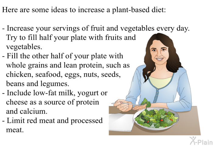 Here are some ideas to increase a plant-based diet:  Increase your servings of fruit and vegetables every day. Try to fill half your plate with fruits and vegetables. Fill the other half of your plate with whole grains and lean protein, such as chicken, seafood, eggs, nuts, seeds, beans and legumes. Include low-fat milk, yogurt or cheese as a source of protein and calcium. Limit red meat and processed meat.
