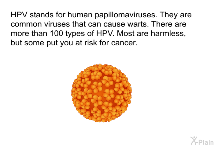 HPV stands for human papillomaviruses. They are common viruses that can cause warts. There are more than 100 types of HPV. Most are harmless, but some put you at risk for cancer.