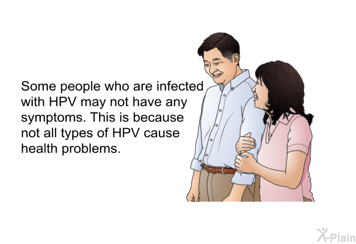 Some people who are infected with HPV may not have any symptoms. This is because not all types of HPV cause health problems.