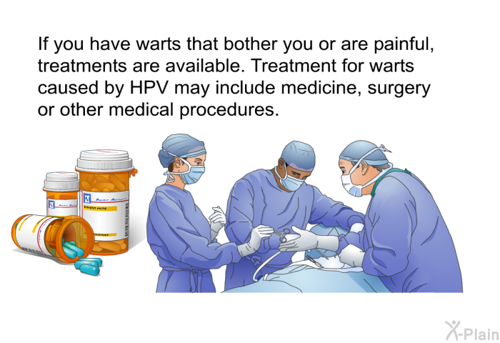 If you have warts that bother you or are painful, treatments are available. Treatment for warts caused by HPV may include medicine, surgery or other medical procedures.