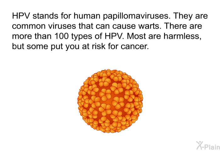 HPV stands for human papillomaviruses. They are common viruses that can cause warts. There are more than 100 types of HPV. Most are harmless, but some put you at risk for cancer.