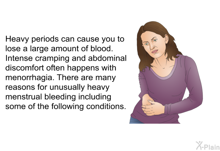 Heavy periods can cause you to lose a large amount of blood. Intense cramping and abdominal discomfort often happens with menorrhagia. There are many reasons for unusually heavy menstrual bleeding, including some of the following conditions.