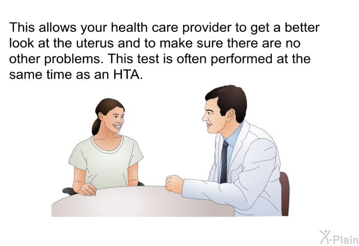 This allows your health care provider to get a better look at the uterus and to make sure there are no other problems. This test is often performed at the same time as an HTA.