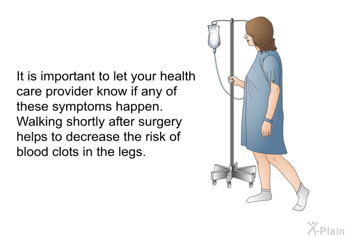 It is important to let your health care provider know if any of these symptoms happen. Walking shortly after surgery helps to decrease the risk of blood clots in the legs.