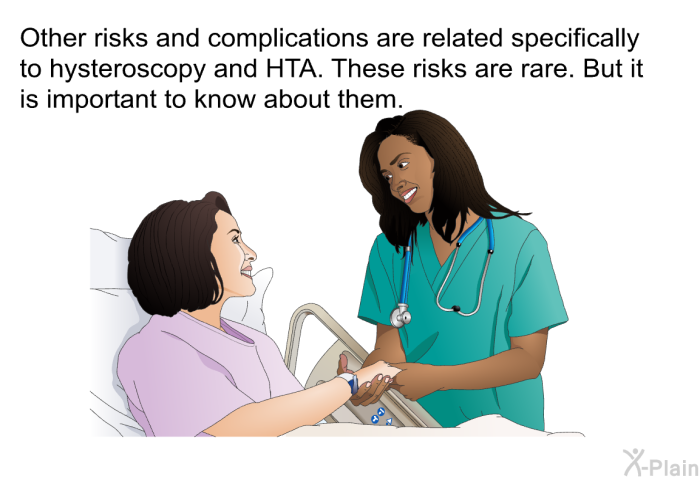 Other risks and complications are related specifically to hysteroscopy and HTA. These risks are rare. But it is important to know about them.
