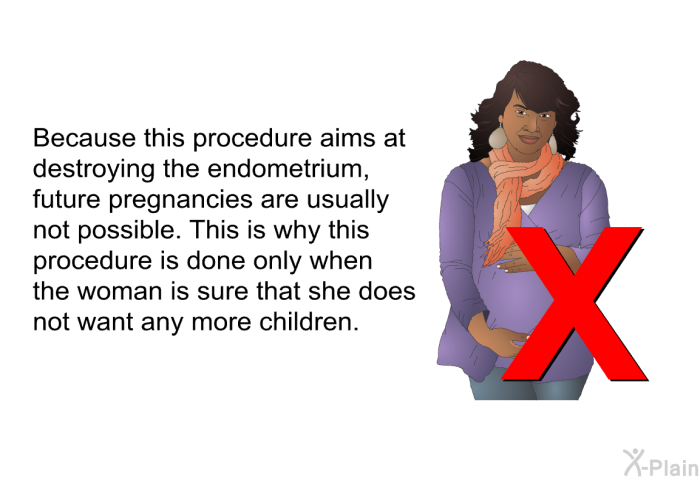 Because this procedure aims at destroying the endometrium, future pregnancies are usually not possible. This is why this procedure is done only when the woman is sure that she does not want any more children.