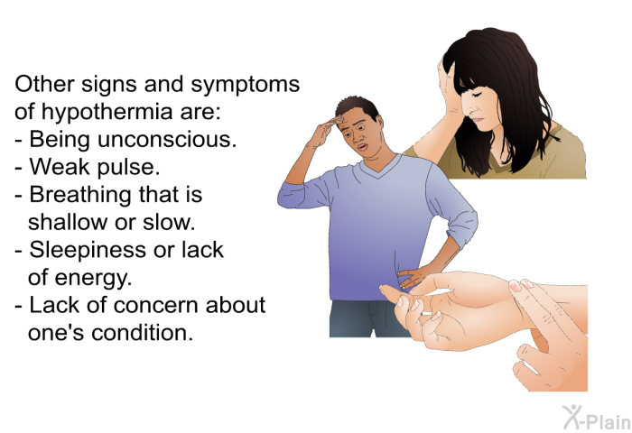 Other signs and symptoms of hypothermia are:  Being unconscious. Weak pulse. Breathing that is shallow or slow. Sleepiness or lack of energy. Lack of concern about one's condition.