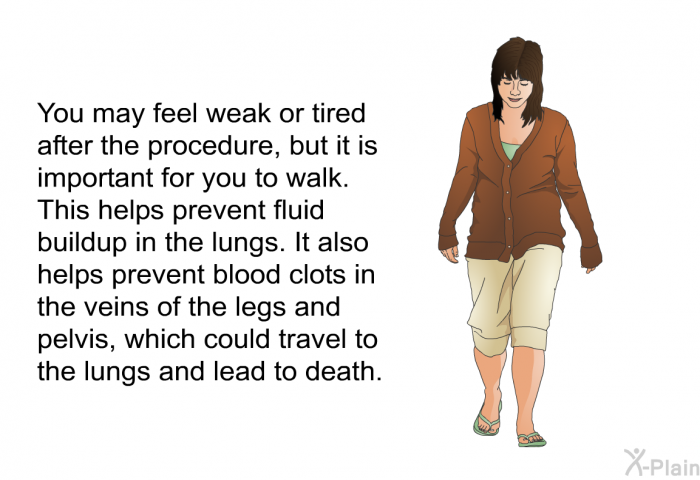 You may feel weak or tired after the procedure, but it is important for you to walk. This helps prevent fluid buildup in the lungs. It also helps prevent blood clots in the veins of the legs and pelvis, which could travel to the lungs and lead to death.